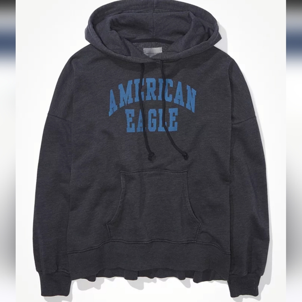 American Eagle,NWT, Fleece Graphic High-Low Hoodie,Medium ,Washed Black